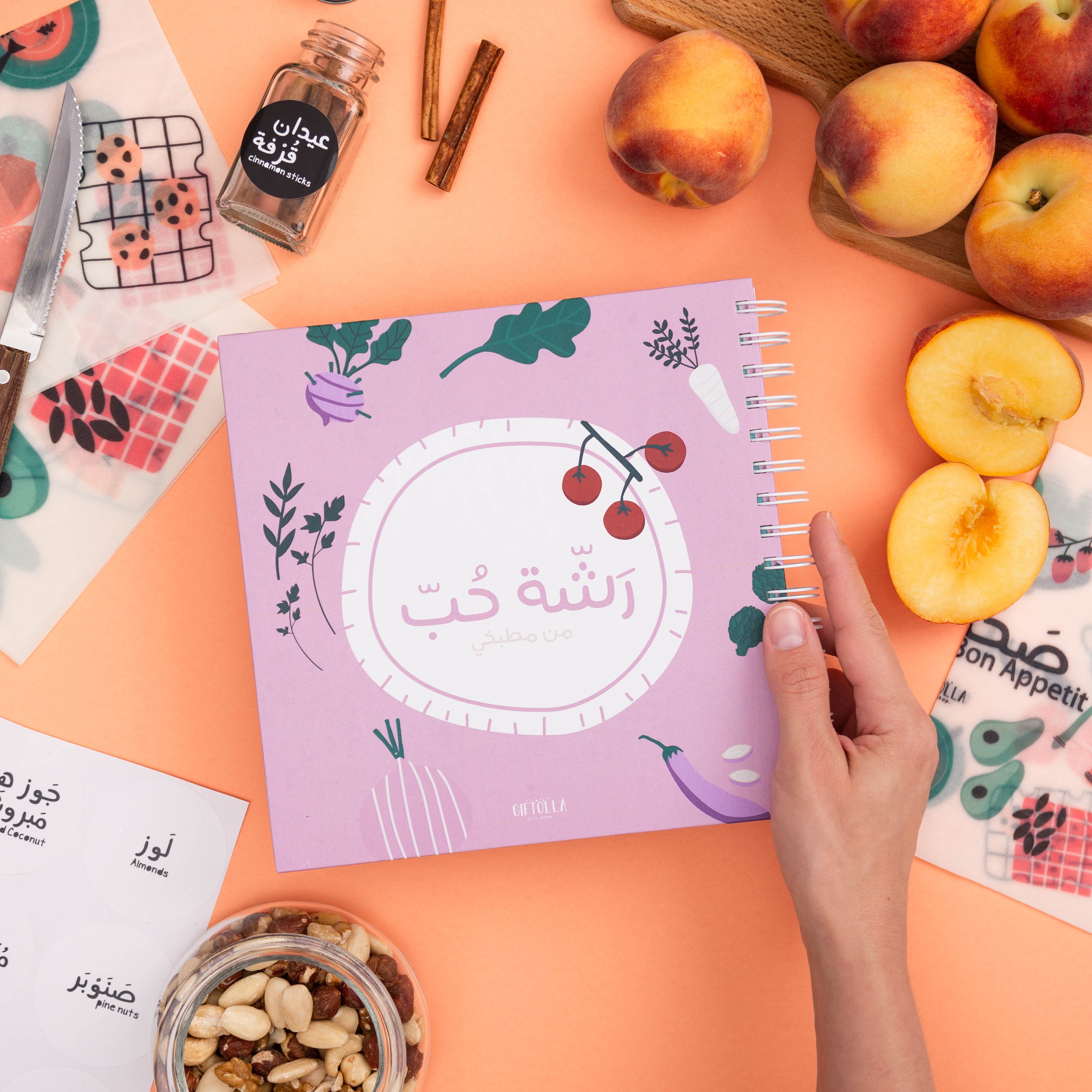 cook book, spice stikers, beeswax, and some food