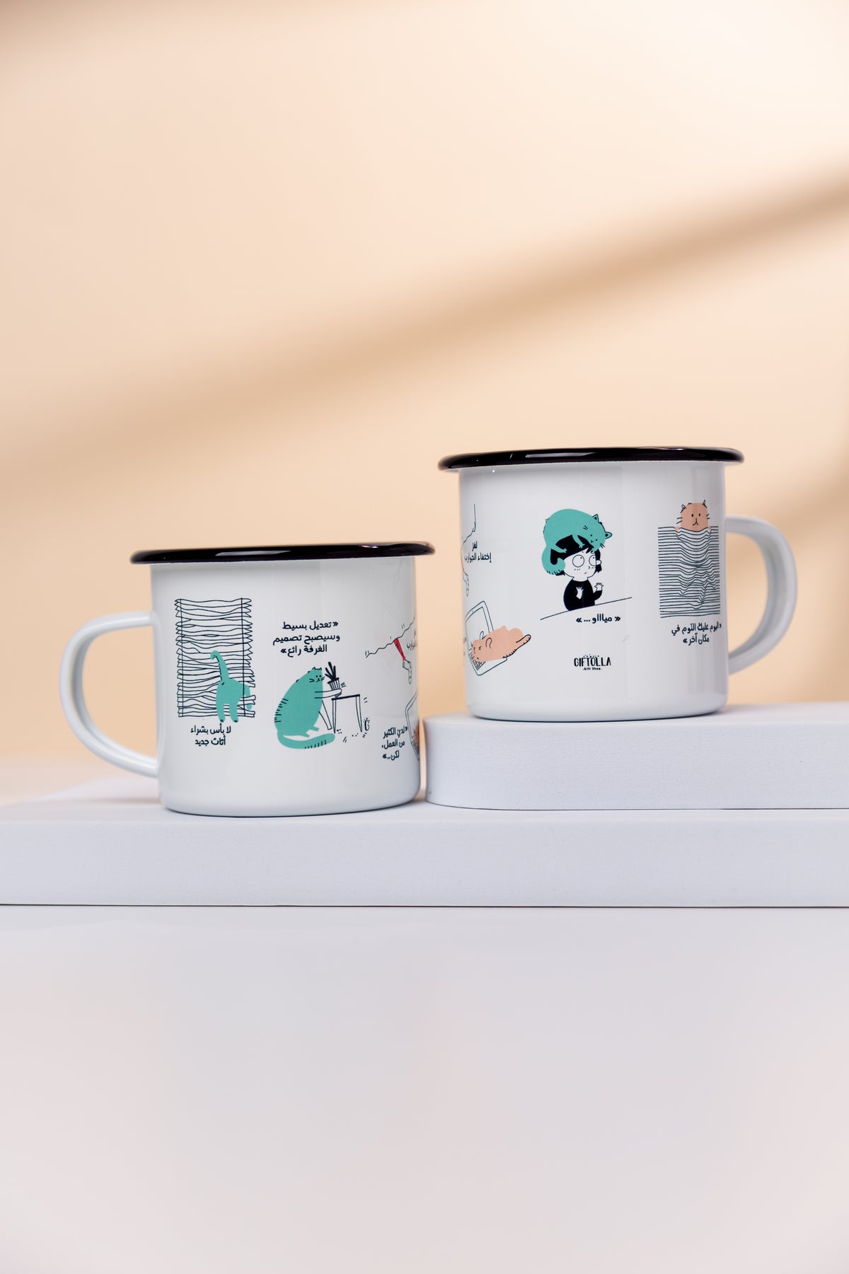 Giftolla Cat enamel mug with cute cat drawings for everyday coffee and tea