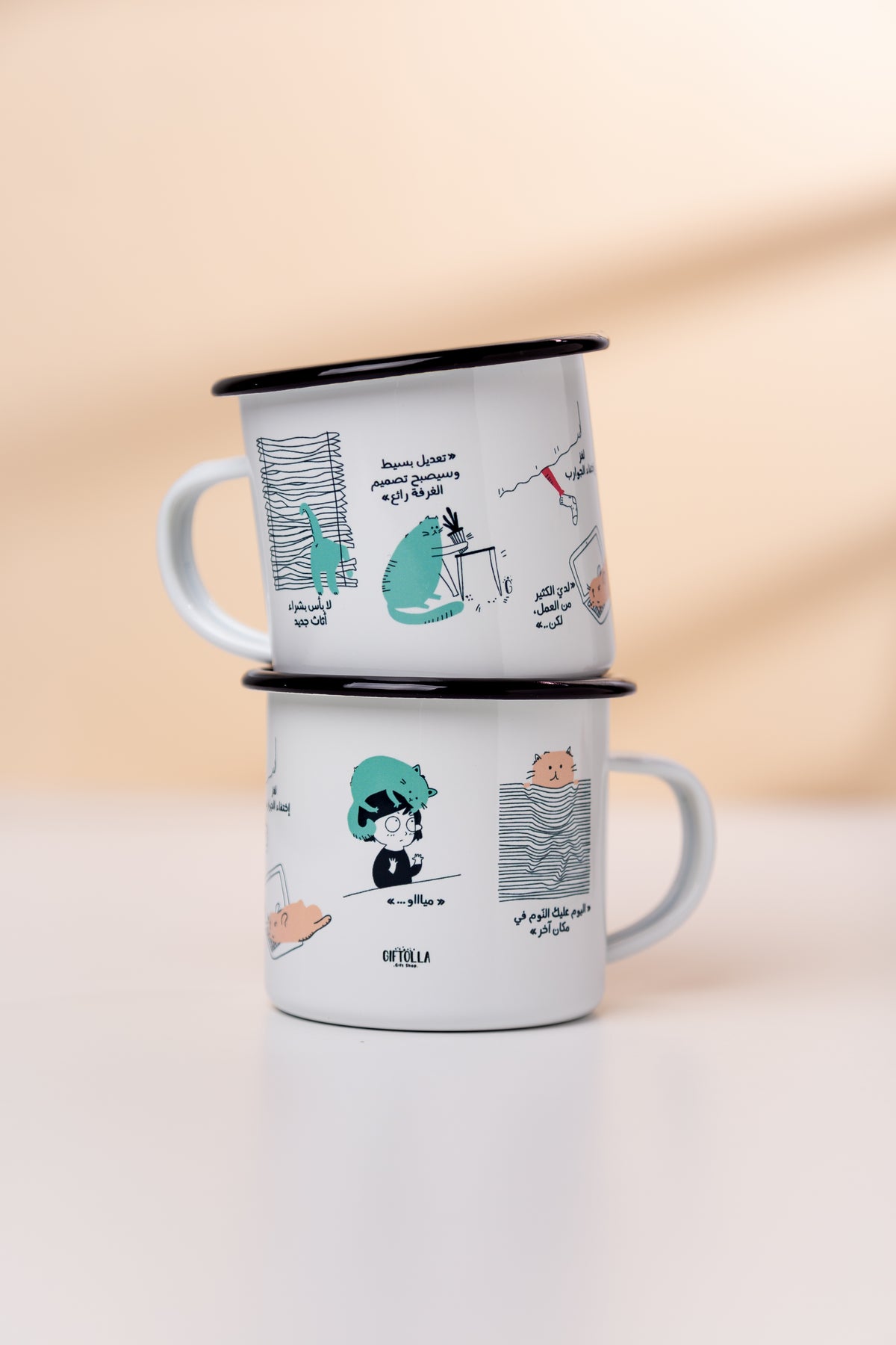 Cat-themed enamel mug by Giftolla, playful gift for cat owners
