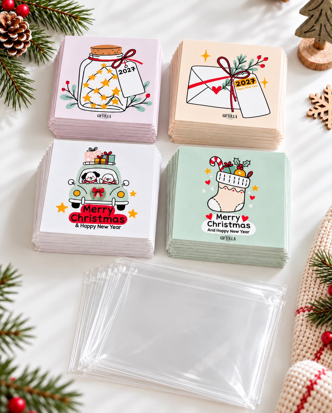 Four designs of Christmas and New Year cards in stacks with clear bags and pine branches