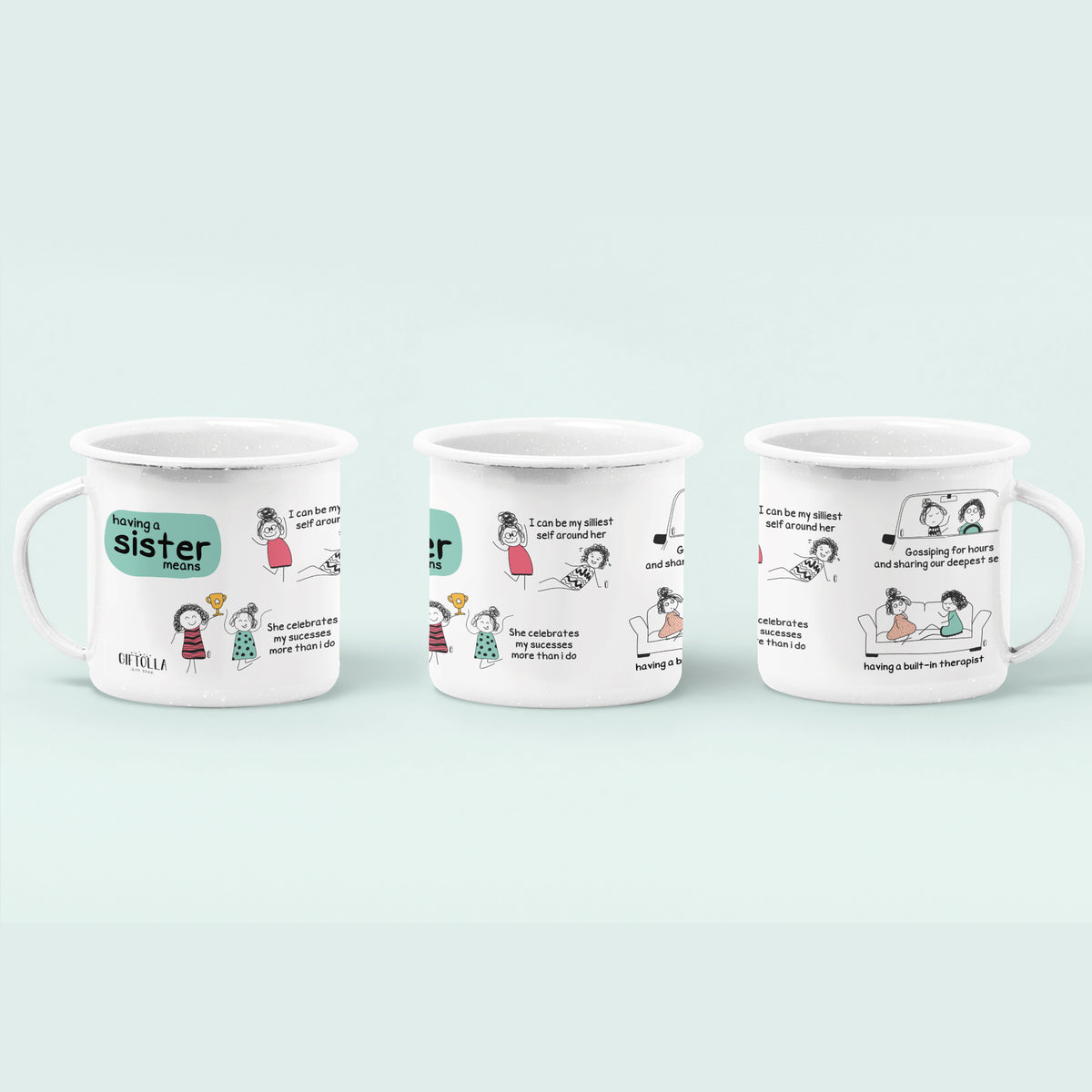 Coffee lover, cat parent and sister mugs from the Giftolla English enamel mug collection