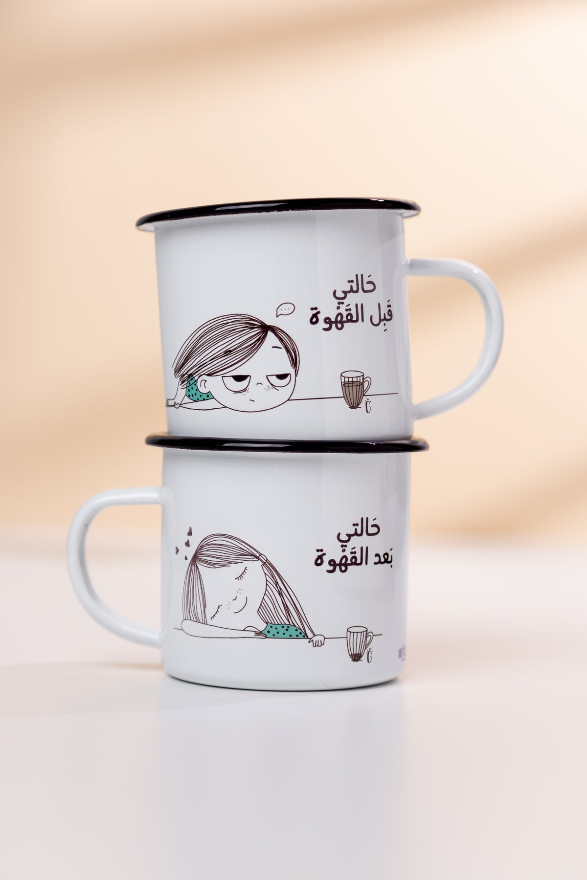 Enamel coffee mug with a relatable before-and-after coffee mood illustration
