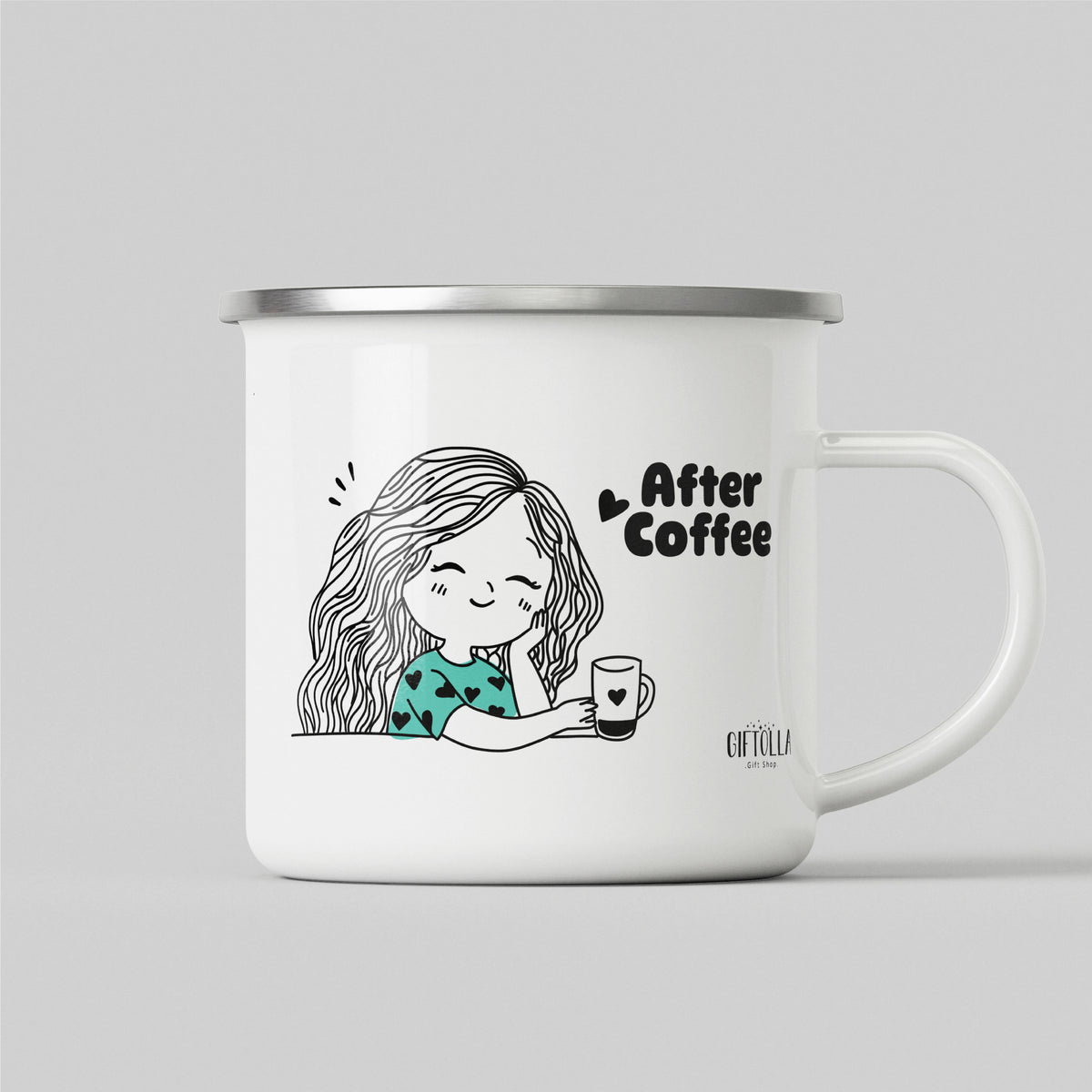 Before & After coffee enamel mug, the after-coffee side of the design