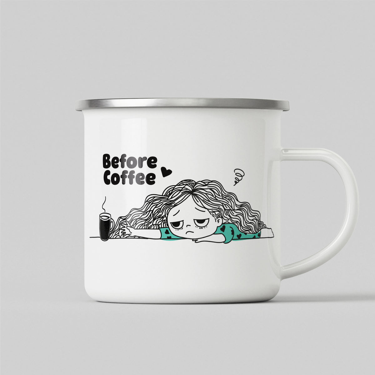 Before & After coffee enamel mug, the before-coffee side of the design