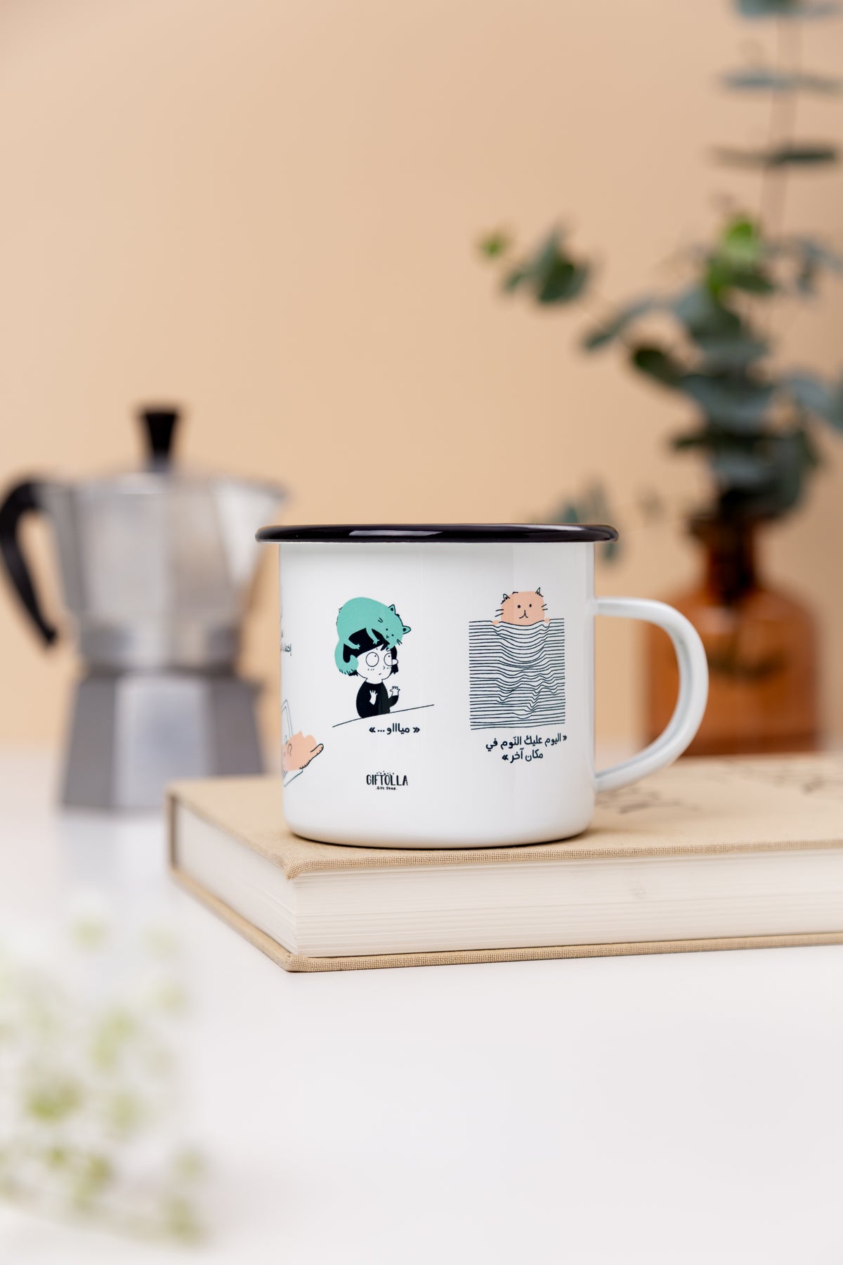 Cat lover's enamel cup with playful cat illustrations by Giftolla