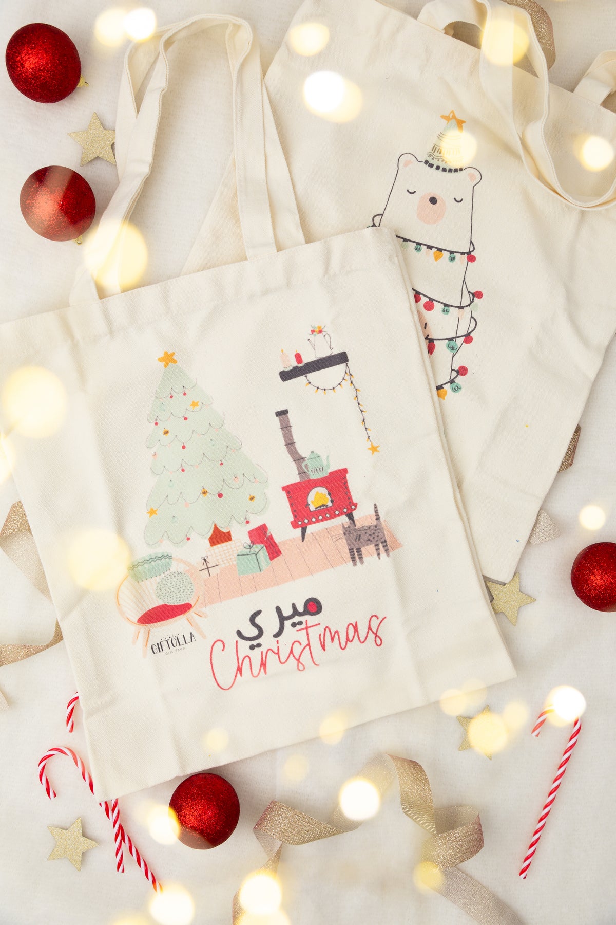 Merry Christmas tote bag by Giftolla, 100% organic cotton in light beige