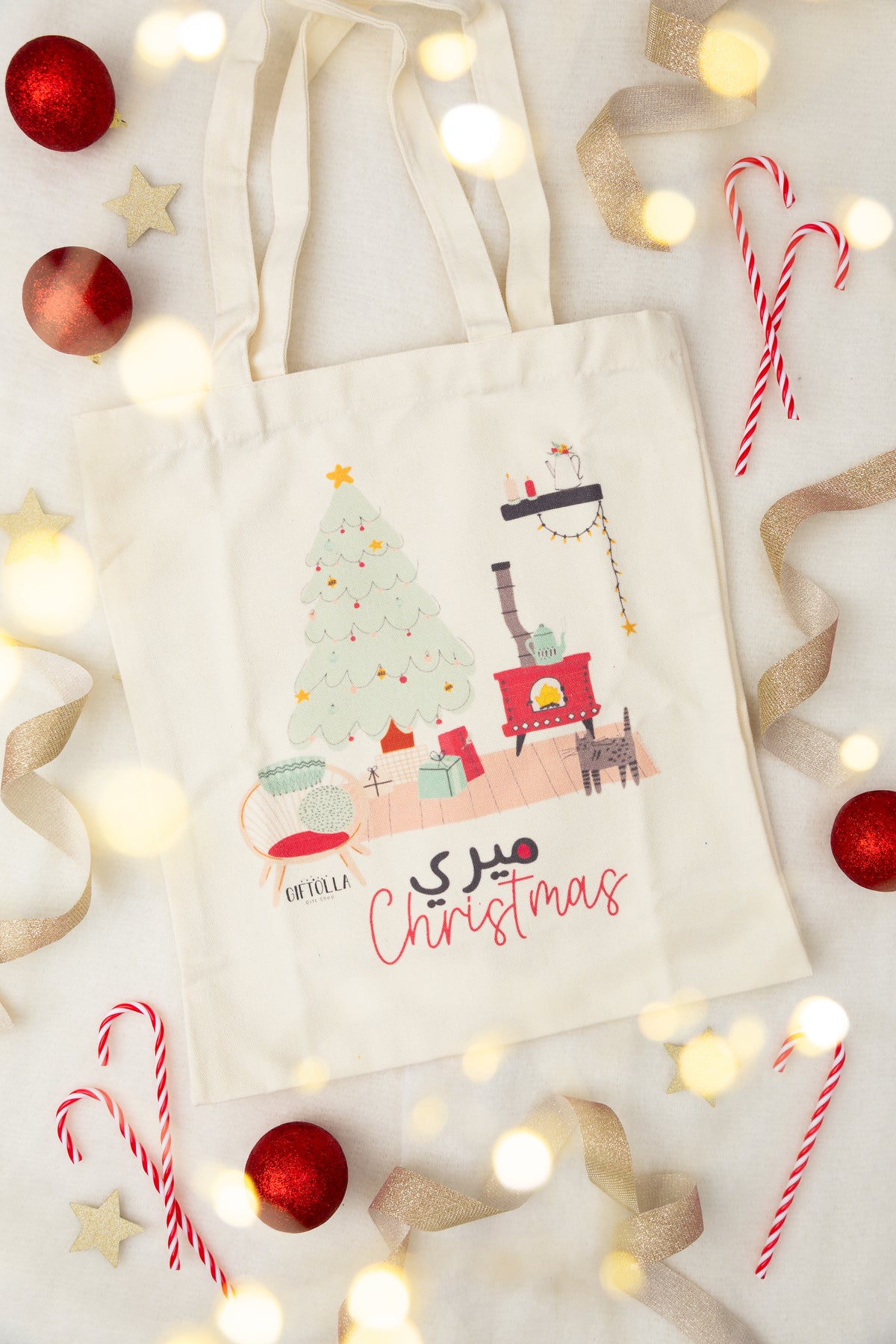Christmas organic cotton tote bag, 76 x 35 cm, light beige